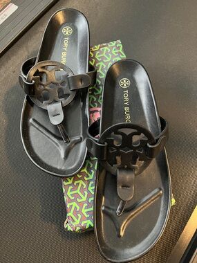 Tory Burch Black Cutout Logo Thong Sandals